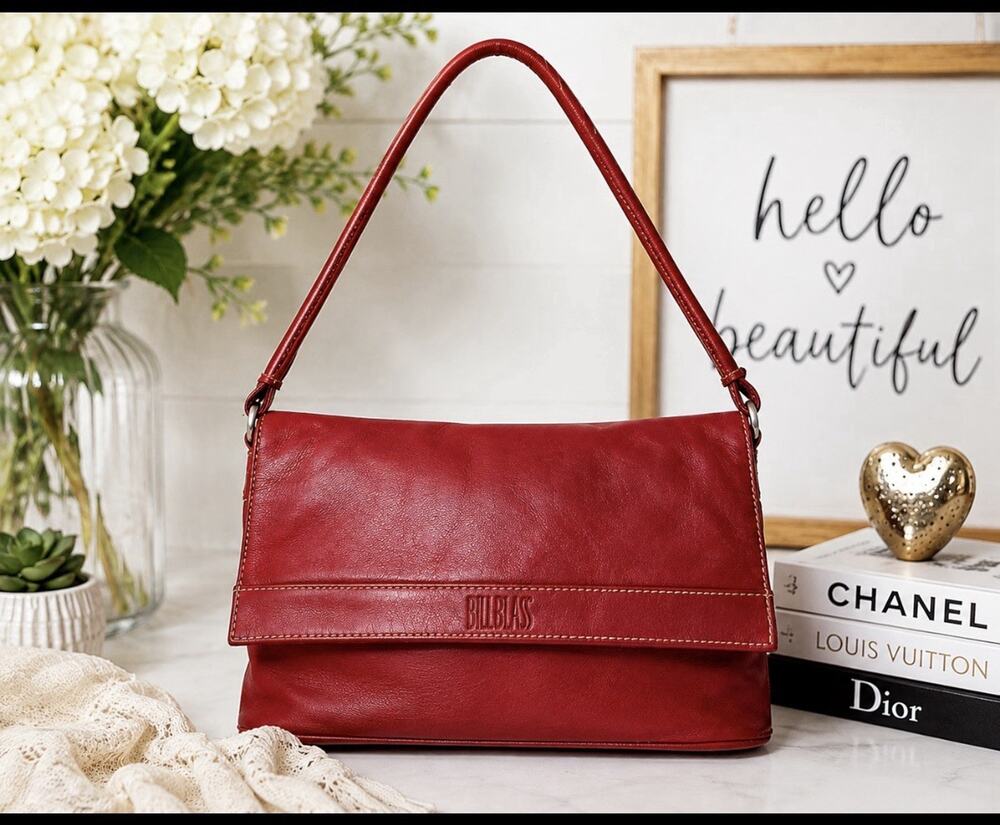 Vintage Bill Blass Red Genuine Leather Shoulder Bag Fold Over Flap Purse Classic